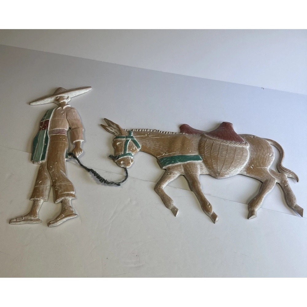 Cast Aluminum Mexican Aztec Man & Donkey Wall Hanging Decor